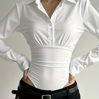 Damen Body Bluse Langarm Hemdblusen-Stil mit geraffter Taille