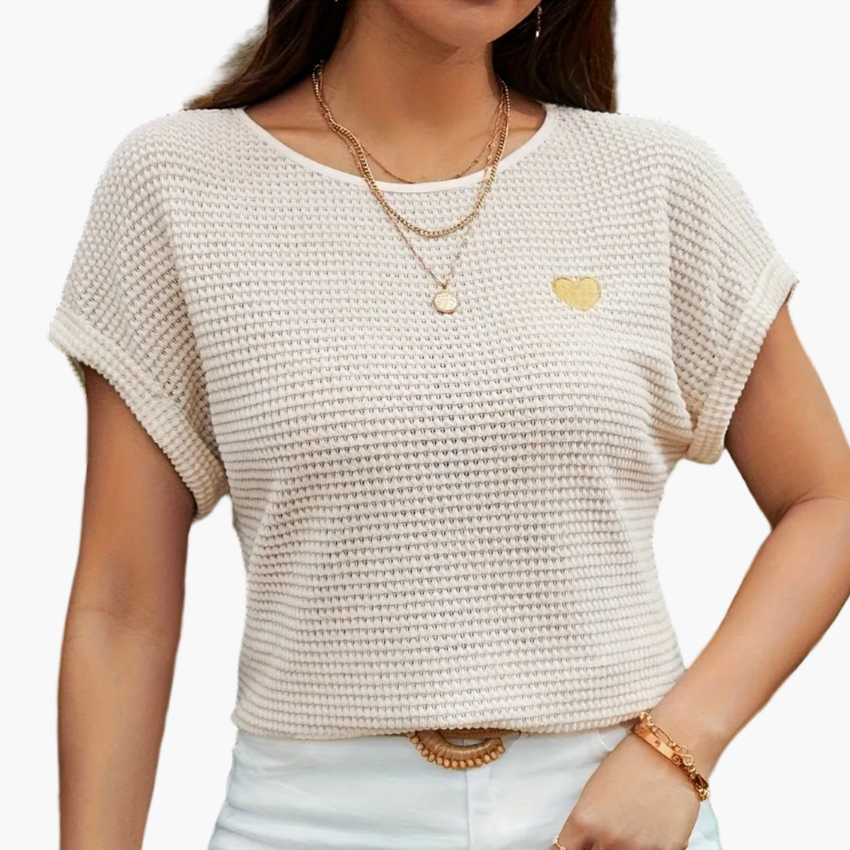 Damen Sommer-Strickshirt mit Herz-Detail – Eleganter Freizeit-Look, Ideal für Urlaub & Alltag
