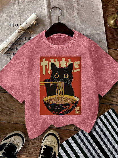 Damen Vintage T-Shirt mit Katze und Ramen-Nudeln – Lustiges Grafikshirt für Alltag und Freizeit