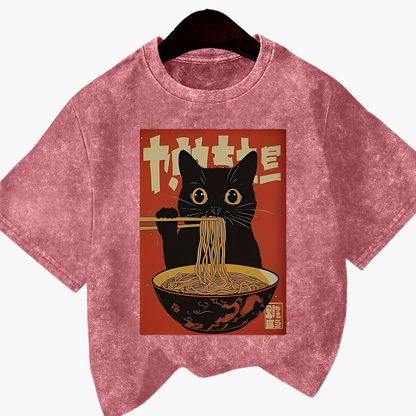 Damen Vintage T-Shirt mit Katze und Ramen-Nudeln – Lustiges Grafikshirt für Alltag und Freizeit
