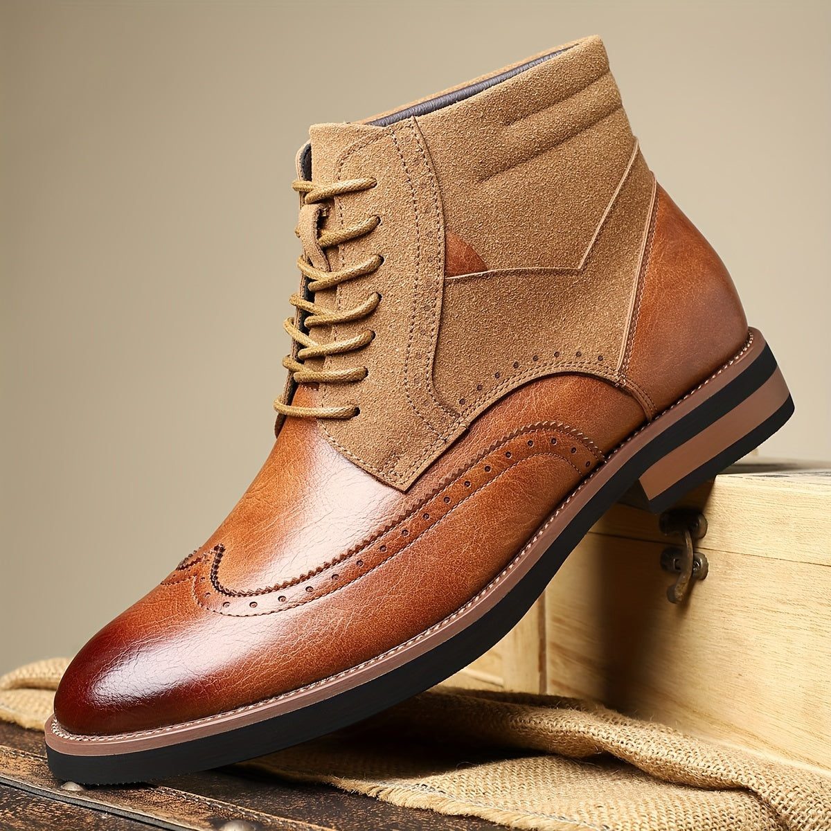 Herren Brogue Stiefel mit Schnürung, Ankle-High, Zweifarbiger Look