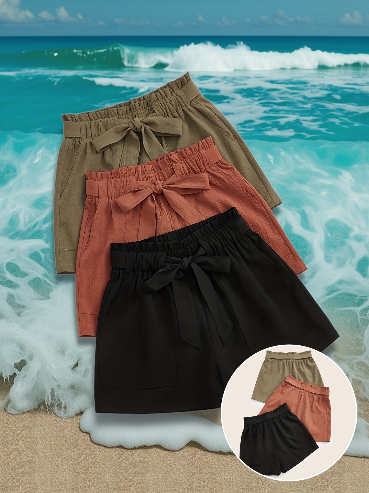 Damen Shorts mit Schleife – Sommerliche Freizeitshorts im 3er-Pack, ideal für den Strand