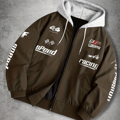 Unisex Racing Bomberjacke mit Kapuze und Reißverschluss, Grau