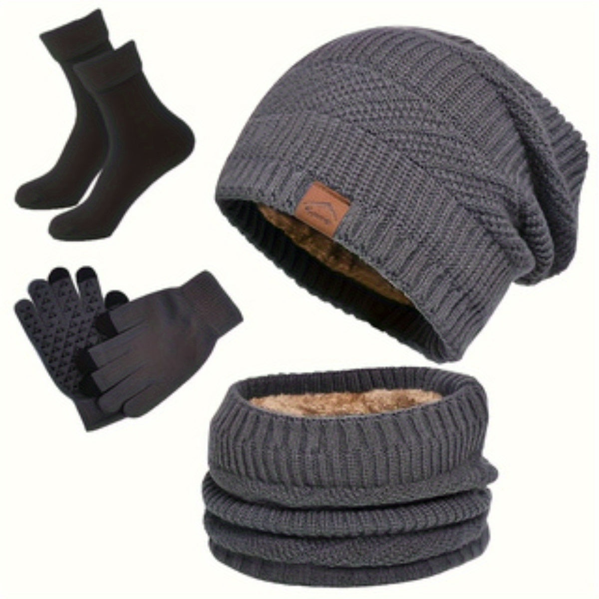 Unisex Winter Set 4-teilig: Strickmütze, Loop-Schal, Touchscreen-Handschuhe & Socken mit Futter