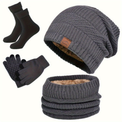 Unisex Winter Set 4-teilig: Strickmütze, Loop-Schal, Touchscreen-Handschuhe & Socken mit Futter