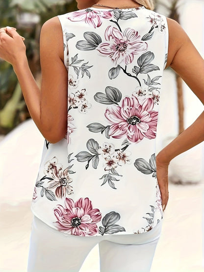Damen Elegante Ärmellose Bluse mit Blumenmuster und V-Ausschnitt – Sommer Freizeit Oberteil