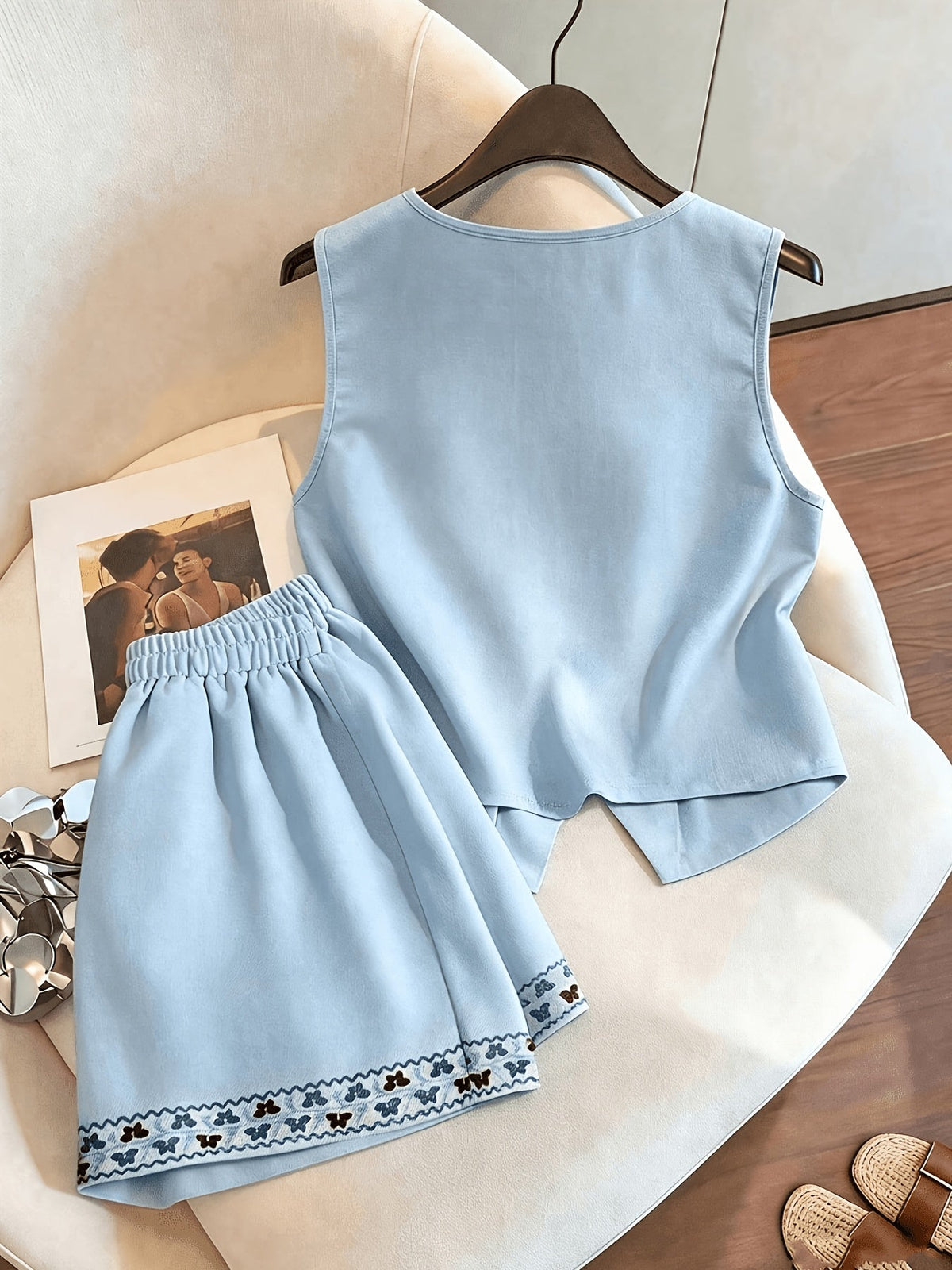 Damen Kurzarm Blusen-Set mit Shorts, bestickt, V-Ausschnitt, Freizeit Zweiteiler