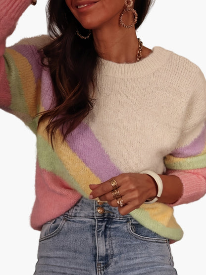 Damen Strickpullover im Y2K-Stil mit Regenbogenstreifen – Modischer Freizeitpullover für jeden Tag