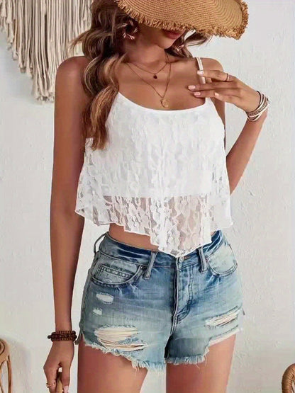 Damen Spitzen-Camisole Top mit Blumenmuster und verspieltem Layer-Look – Modisches Sommer-Oberteil für Freizeit & Urlaub