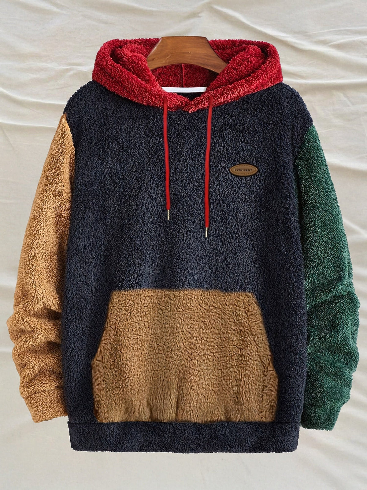 Teddy-Fleece Color-Block Hoodie mit Kängurutasche und Kapuze