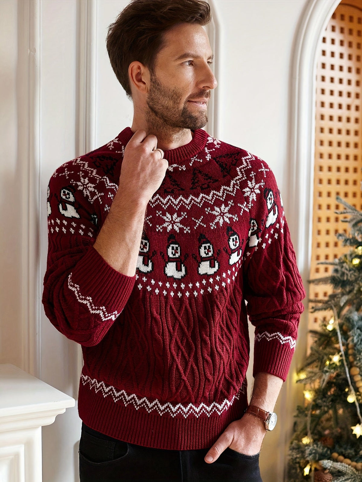 Weihnachtspullover Herren Dunkelrot mit Schneemann & Schneeflocken