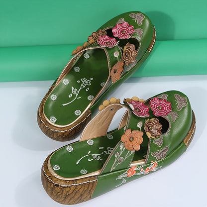 Damen Keilabsatz-Pantoletten mit floralen Applikationen und Schmetterlingsmuster – Boho Style für Alltag und Freizeit
