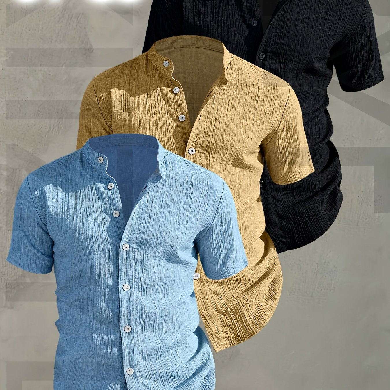 Herren 3er-Pack Stehkragen Hemden – Modischer Freizeit Look, Kurzarm, Knopfleiste