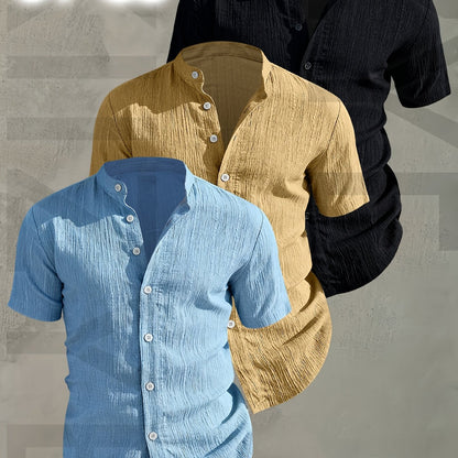 Herren 3er-Pack Stehkragen Hemden – Modischer Freizeit Look, Kurzarm, Knopfleiste