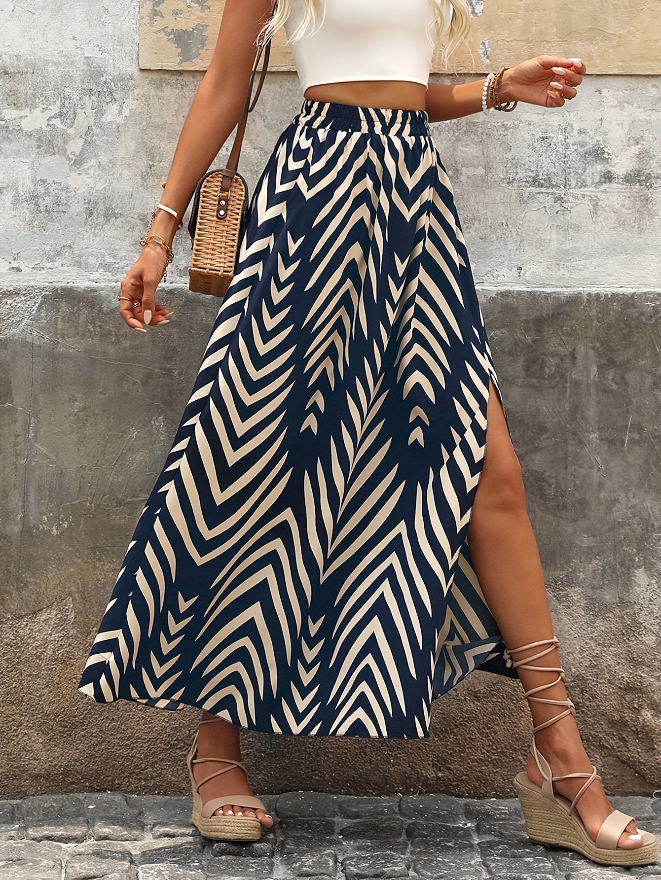 Damen Maxirock mit grafischem Muster und Schlitz – Boho-Chic für besondere Anlässe