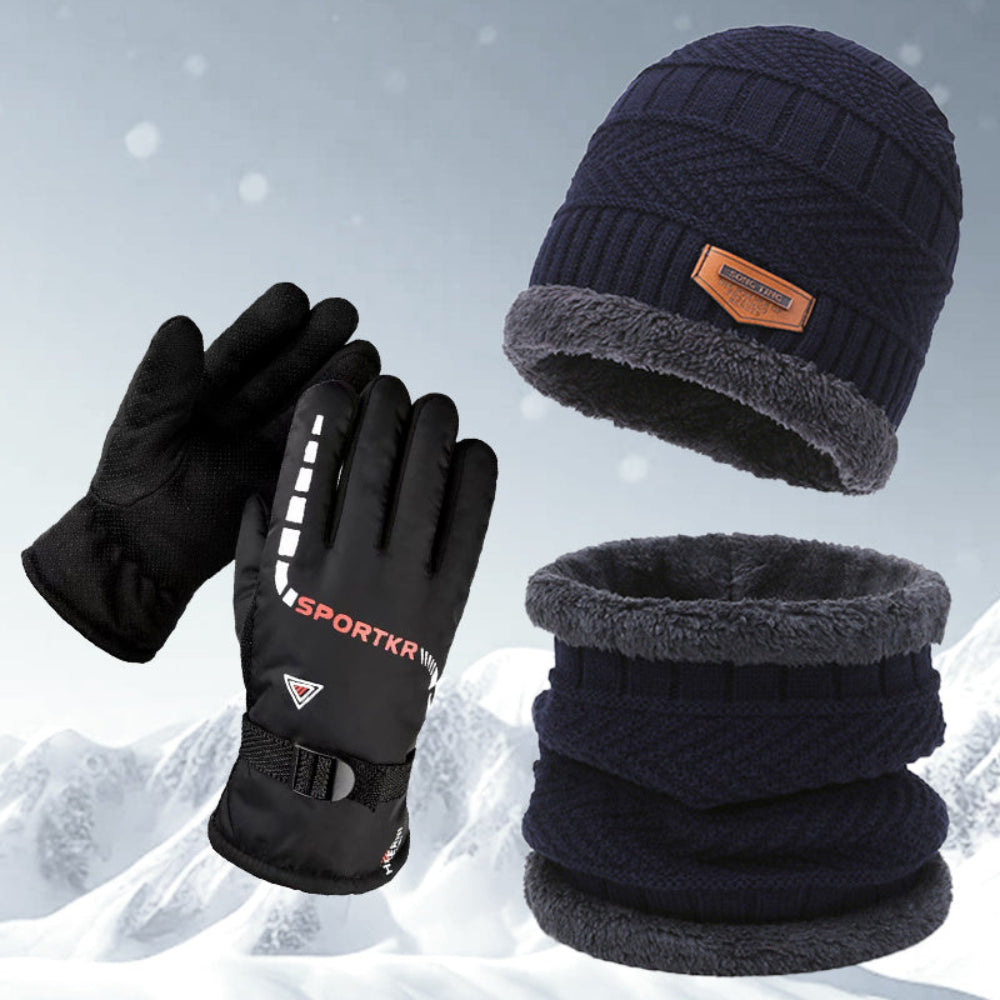 Winter Set Mütze Schal Handschuhe – Strickmütze Beanie Loop-Schal Sport Handschuhe warm gefüttert