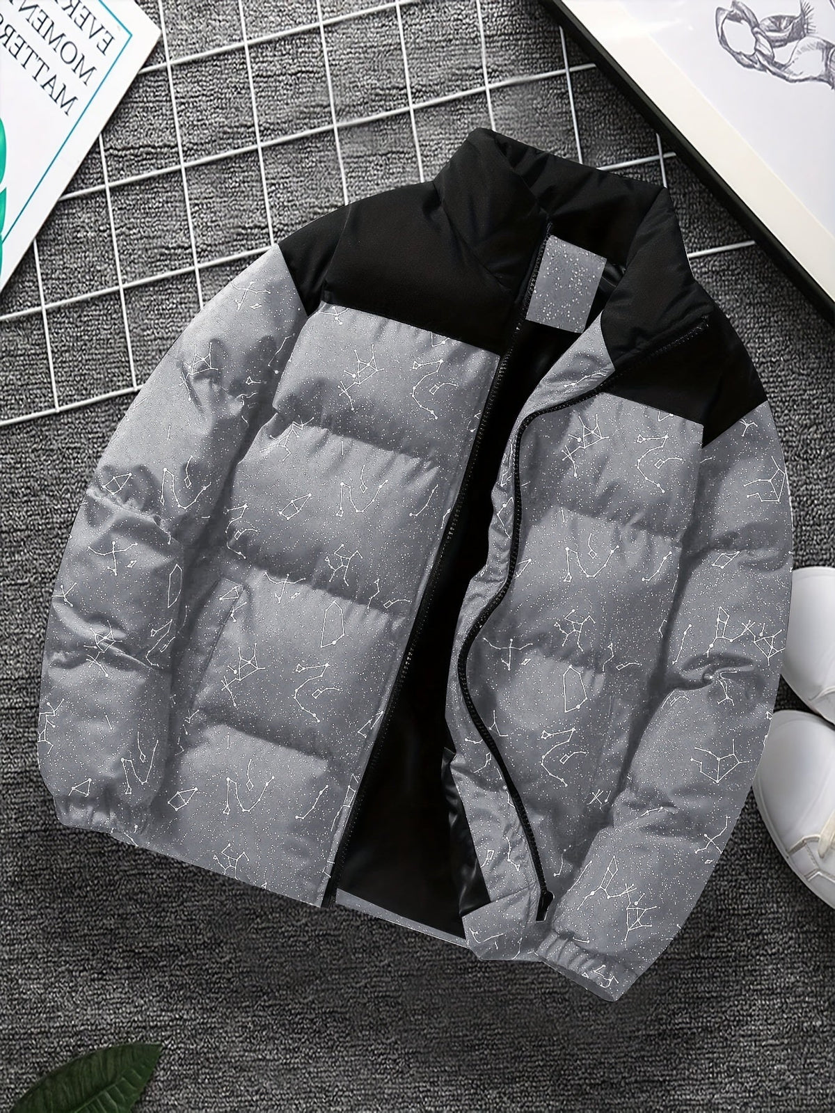 Unisex Steppjacke mit Sternenmuster, Stehkragen und Reißverschluss