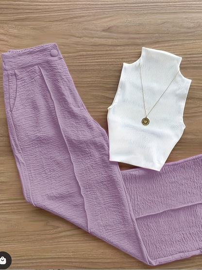 Damen Elegantes Set – Ärmelloses Oberteil mit Stehkragen und Weite Hose, Perfekt für Büro & Freizeit