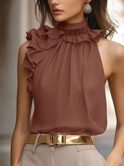 Damen Elegante Rüschenbluse mit Stehkragen – Ärmellos, Stilvoll, Für Büro und besondere Anlässe
