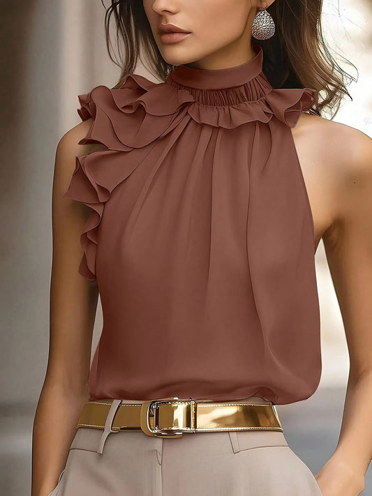 Damen Elegante Rüschenbluse mit Stehkragen – Ärmellos, Stilvoll, Für Büro und besondere Anlässe