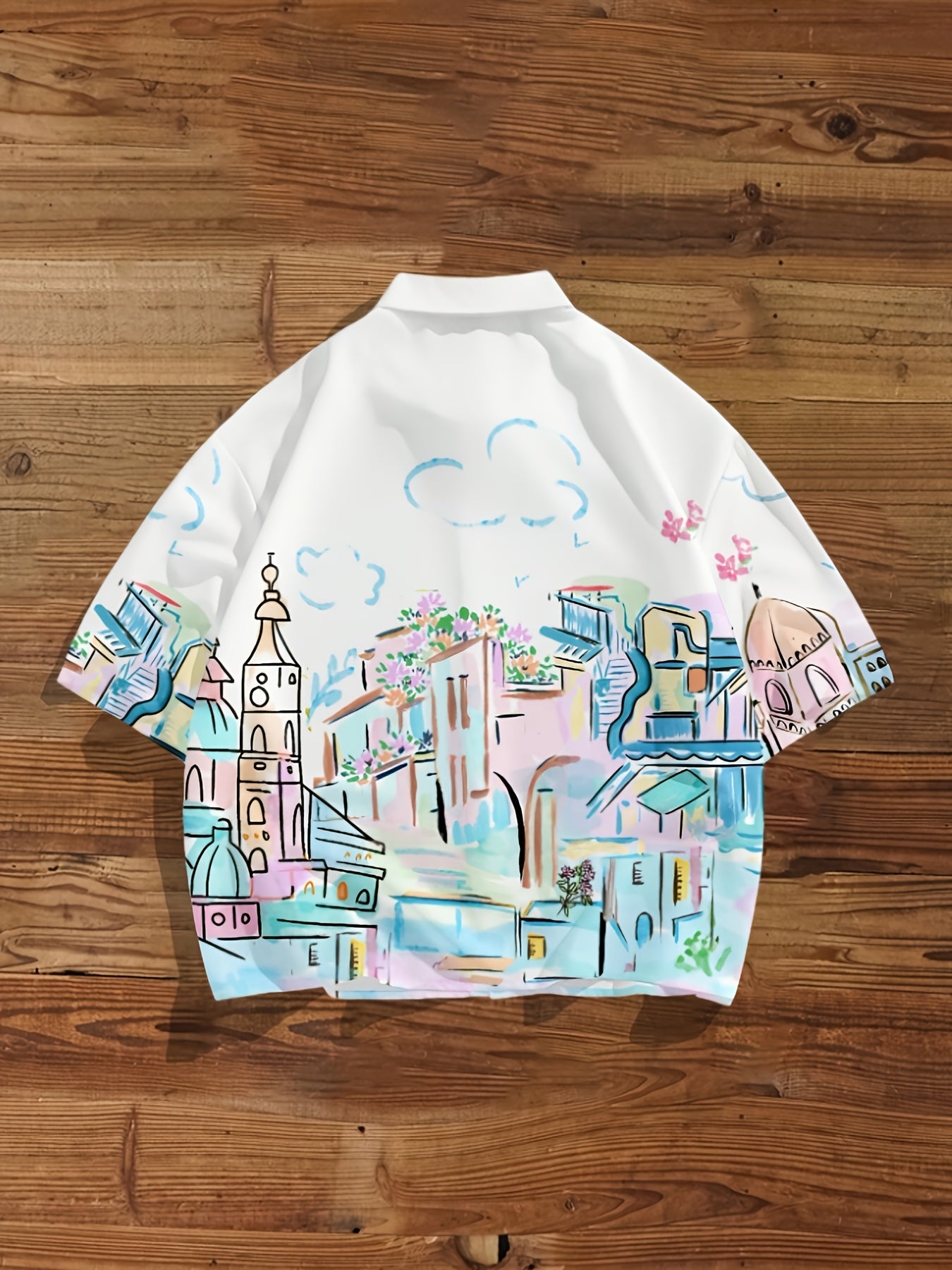 Herren Freizeit Hemd mit künstlerischem Stadtmotiv, Kurzarm, Modernes Design