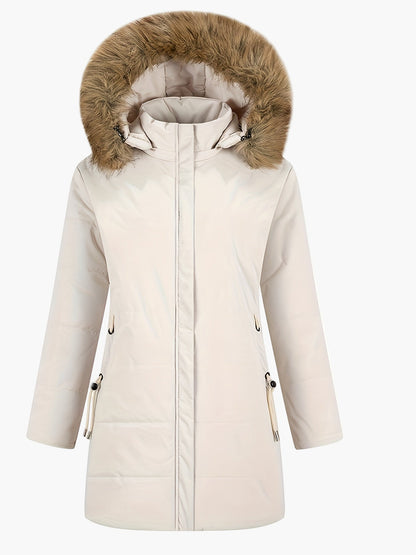 Damen Winter Steppmantel mit Kunstfellkapuze und Teddyfutter – Eleganter Alltagsmantel für kalte Tage