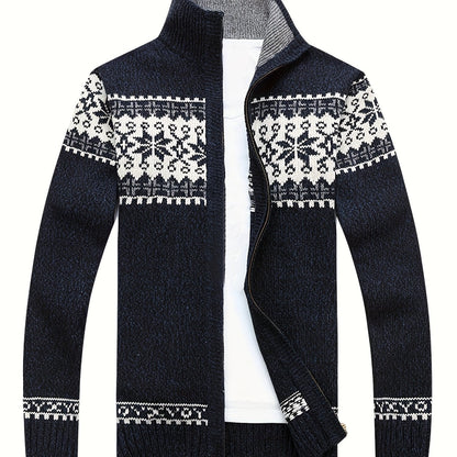 Herren Strickjacke Reißverschluss Stehkragen Norwegermuster Winter Casual