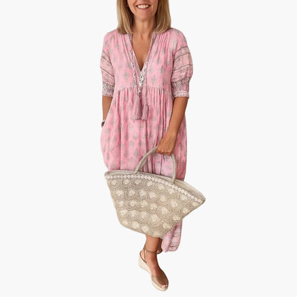 Damen Boho Midi Kleid mit Taschen und Quasten, Sommer Freizeitkleid
