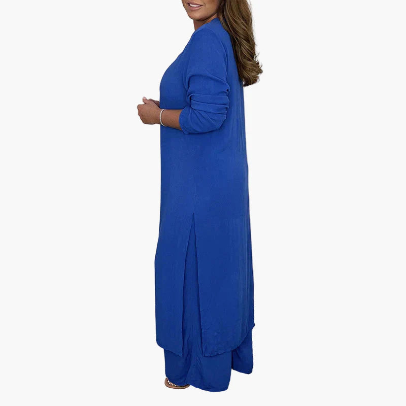 Damen Zweiteiliges Freizeitanzug Set – Eleganter Langer Blazer & Weite Hose für Alltag und besondere Anlässe