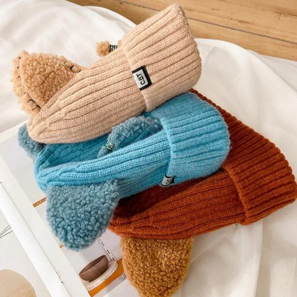 Gerippte Beanie Mütze mit Katzenohren und Umschlag, verschiedene Farben