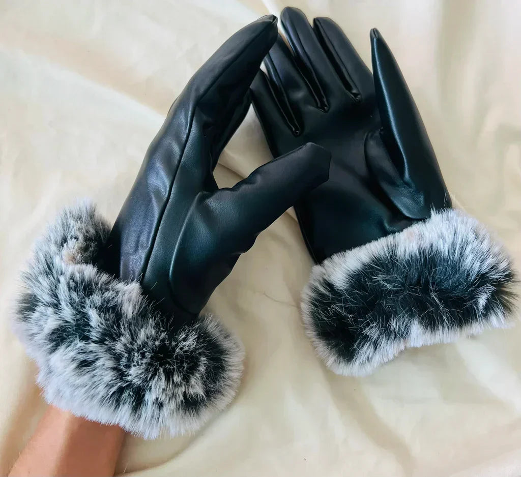 Damen Handschuhe mit Kunstpelzbesatz