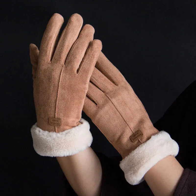 Winterhandschuhe mit Plüschfutter und Pelzbesatz, weich