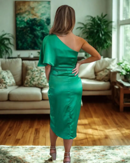 Damen Asymmetrisches Midi-Abendkleid – Elegante Ein-Schulter-Partykleid mit Drapierung