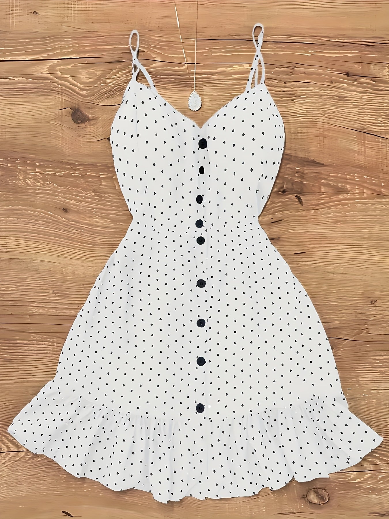 Damen Polka Dot Trägerkleid mit Knopfleiste und Rüschen – Vintage Style Freizeitkleid