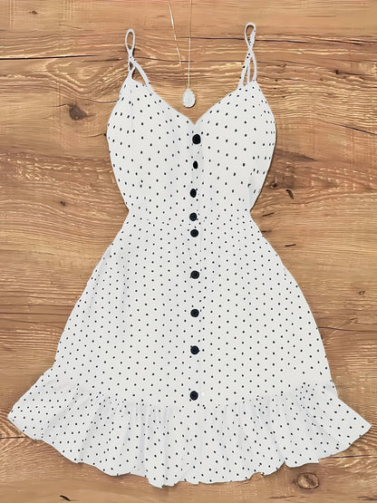 Damen Polka Dot Trägerkleid mit Knopfleiste und Rüschen – Vintage Style Freizeitkleid