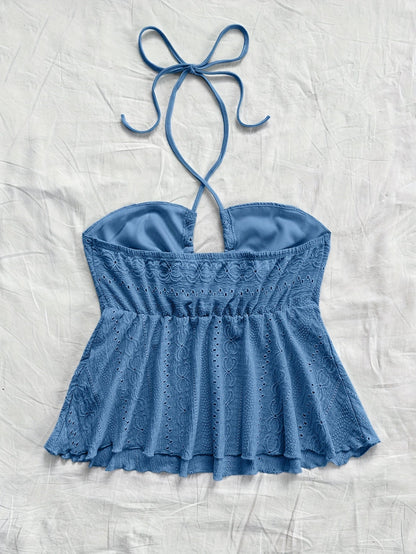 Damen Halter Babydoll Top mit Stickerei und Vintage-Charme – Verspieltes Sommertop