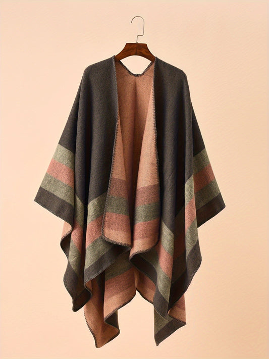Damen Poncho mit Blockstreifen Wendbar
