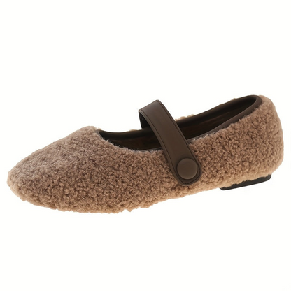 Damen Mary Jane Ballerinas Teddystoff Runder Zeh Flache Schuhe