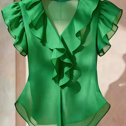 Damen Rüschenbluse mit V-Ausschnitt und Volantärmeln – Elegante Chiffonbluse für Büro und besondere Anlässe