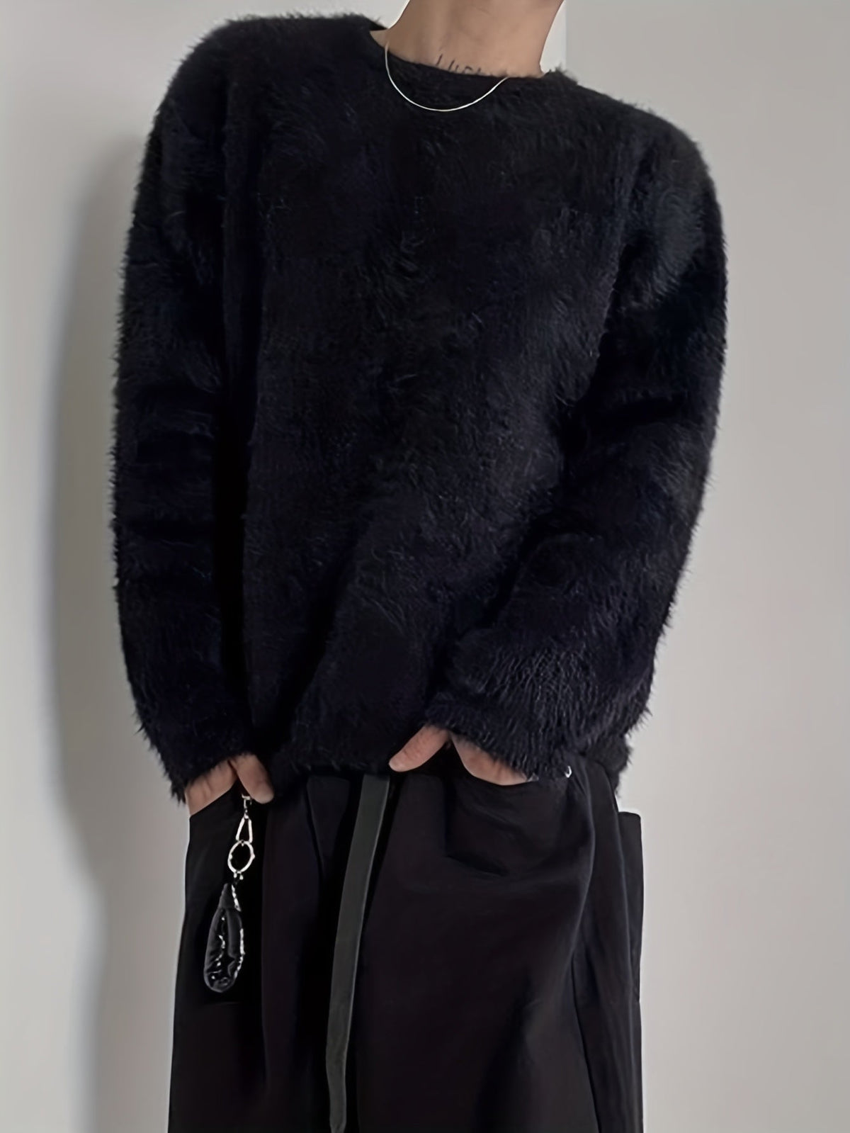 Unisex Langarm Pullover Flauschig Rundhals Weiß Schwarz