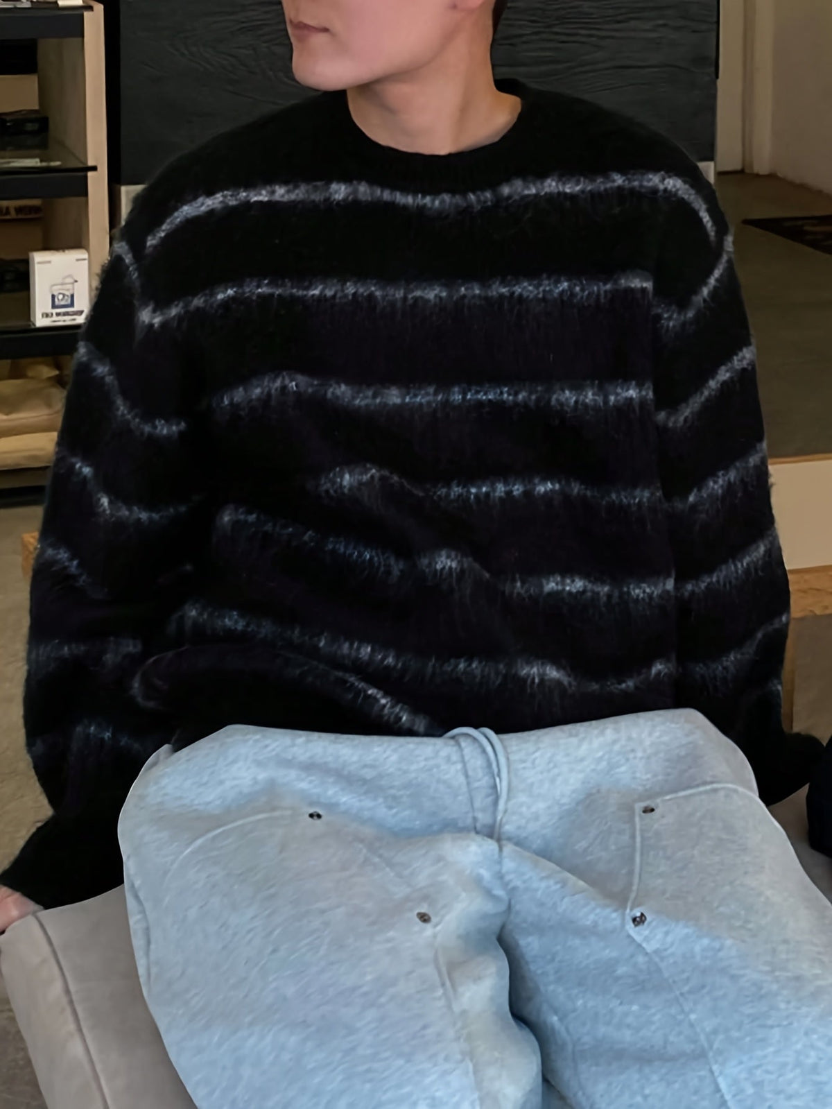 Herren Pullover Rundhals Schwarz Gestreift Flauschig Langarm