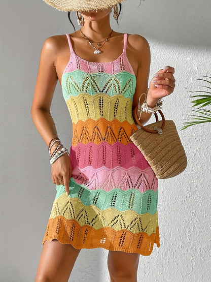 Damen Boho Häkel Minikleid mit Zickzackmuster für Urlaub und Freizeit