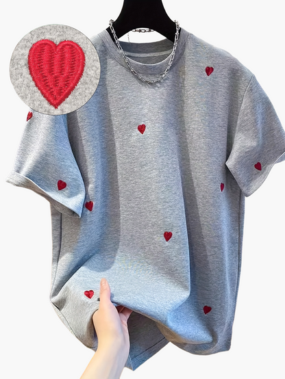 Damen Trendiges T-Shirt mit gestickten Herzen – Streetstyle Casual Kurzarm