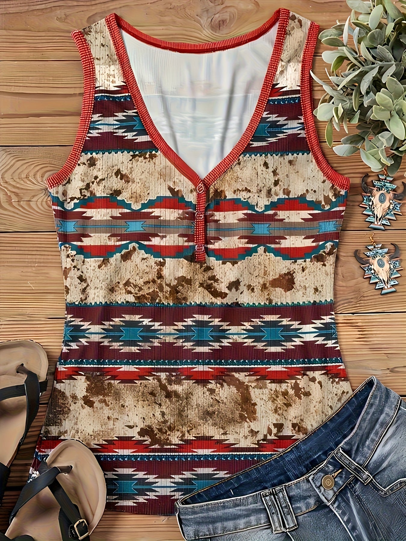 Damen Ethno-Style ärmelloses Top mit Knopfleiste – Boho Freizeitmode für den Sommer