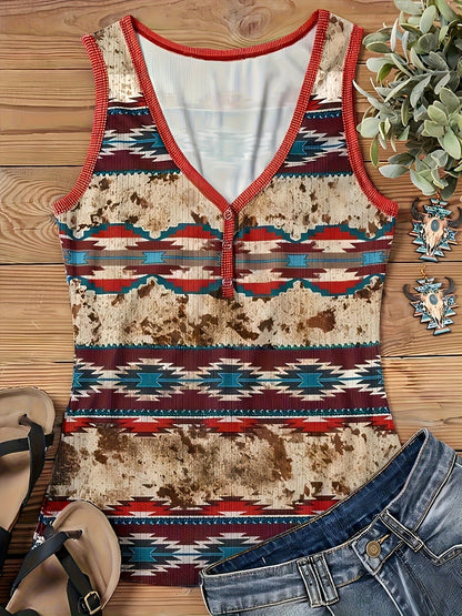 Damen Ethno-Style ärmelloses Top mit Knopfleiste – Boho Freizeitmode für den Sommer
