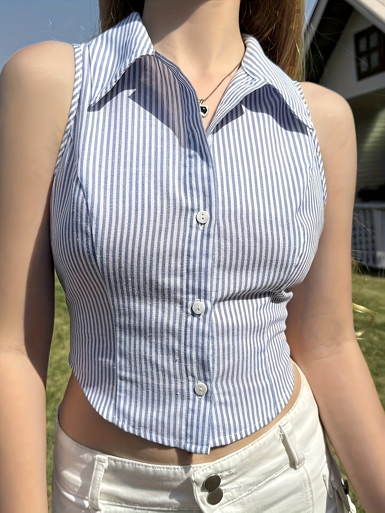 Damen ärmellose Bluse mit Streifen und taillierter Passform – Modernes, elegantes City-Outfit