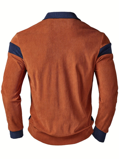 Herren Langarm Poloshirt Braun-Blau Gerippt mit Brusttasche