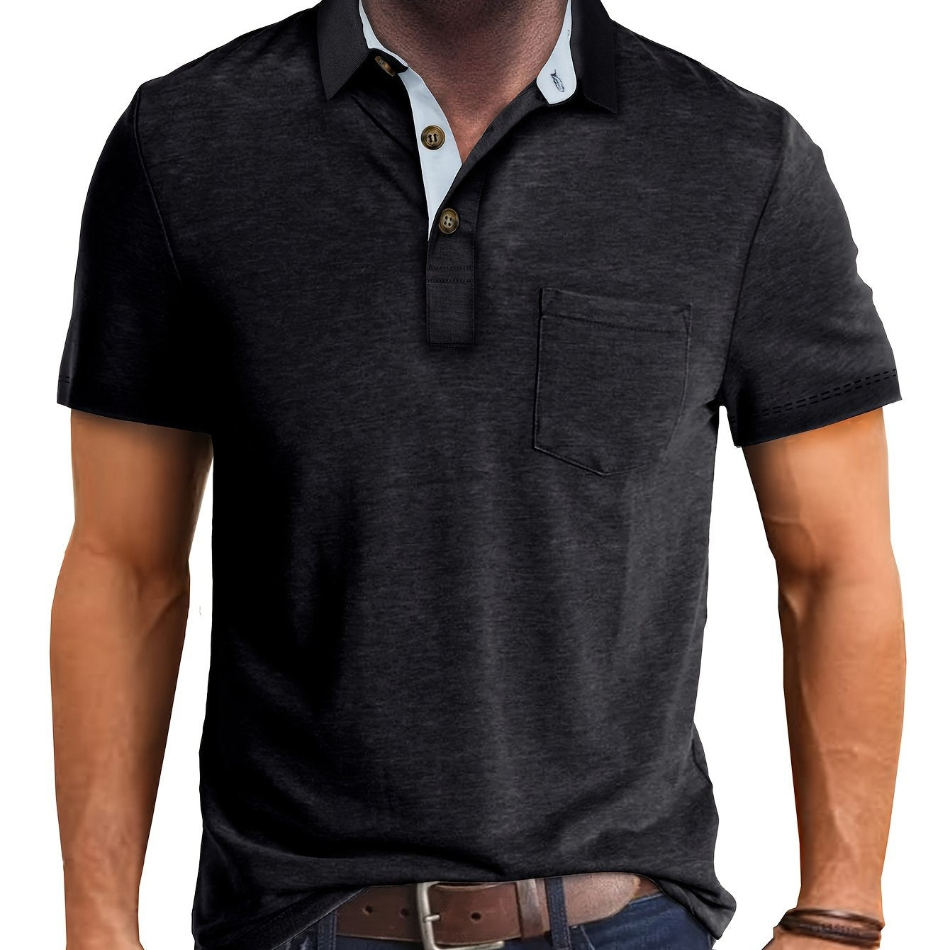 Herren Poloshirt mit Brusttasche und Kontrast-Kragen