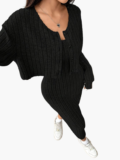Damen Strickkleid Set Elegant Zweiteiler mit Knopfleiste – Modisch & Vielseitig für Alltag und Freizeit