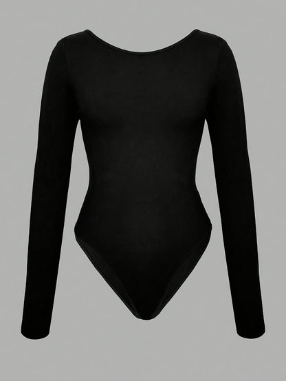 Damen Body Langarm Schwarz mit Großer Weißer Schleife Vorn/Hinten